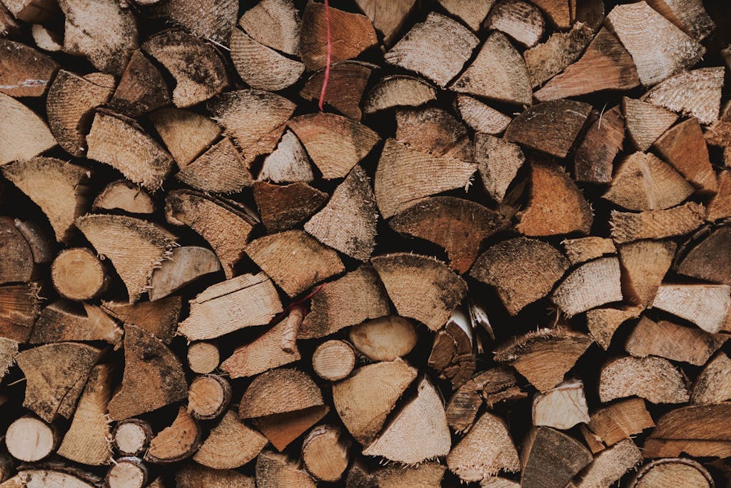 A close-up view of a neatly stacked pile of cut firewood, showcasing the textures and patterns of the wood.